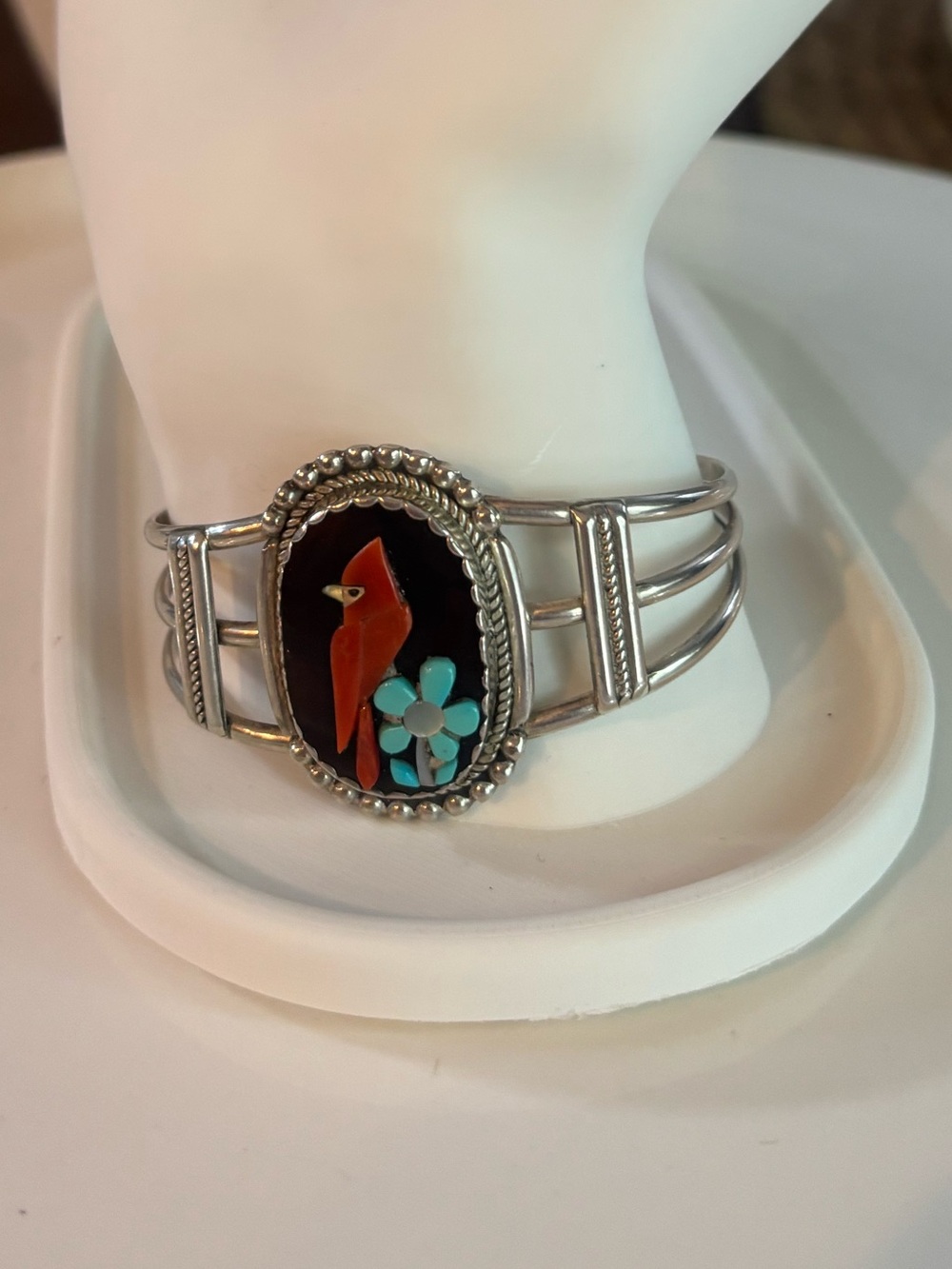 Vintage Zuni Sterling Silver Inlay Cardinal Cuff Bracelet Signed KC NM Turquoise - Picture 3 of 12